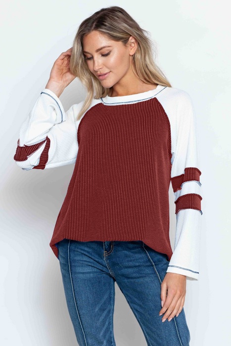 WAVE RIB TUNIC WITH CONTRAST SLEEVES