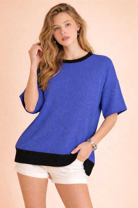 OVERSIZED TWO TONE WAVE RIB SHORT SLEEVE TUNIC