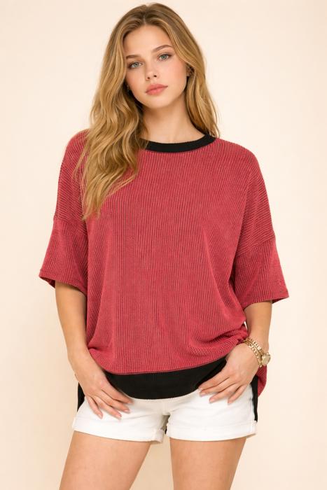 OVERSIZED TWO TONE WAVE RIB SHORT SLEEVE TUNIC