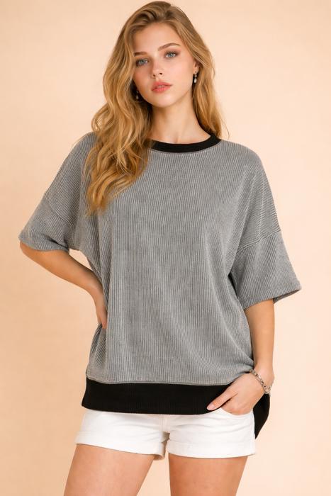 OVERSIZED TWO TONE WAVE RIB SHORT SLEEVE TUNIC
