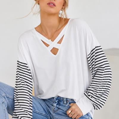 CRISS CROSS CHEST TOP WITH STRIPE SLEEVE CONTRAST