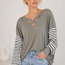 Small SAGE CRISS CROSS CHEST TOP WITH STRIPE SLEEVE CONTRAST