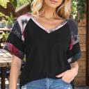 Small BLACK/BURGUNDY V-NECK TOP WITH TIE DYE SLEEVE CONTRAST