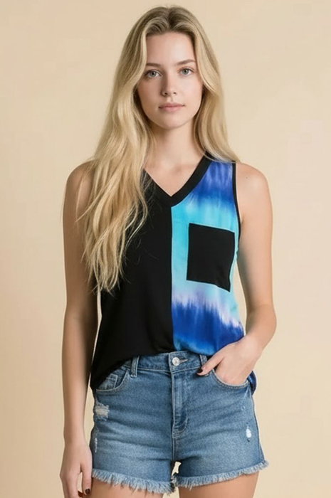 COLOR BLOCK V-NECK SLEEVELESS TOP WITH POCKET