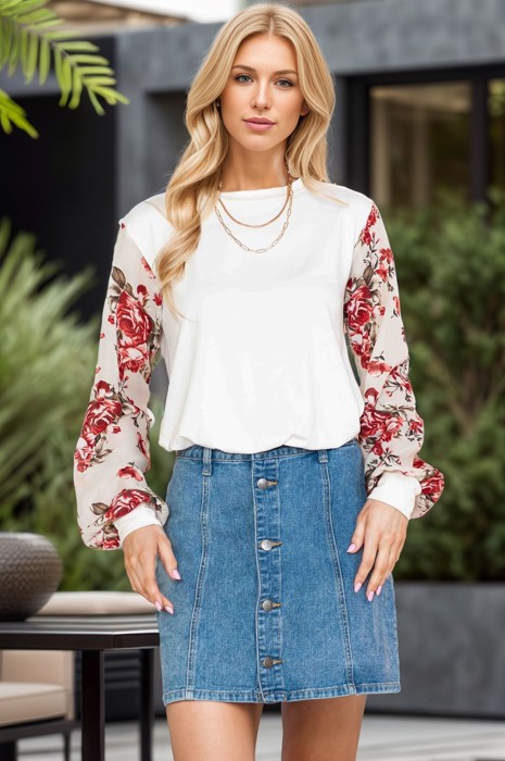 SOLID TUNIC WITH FLORAL CHIFFON SLEEVES