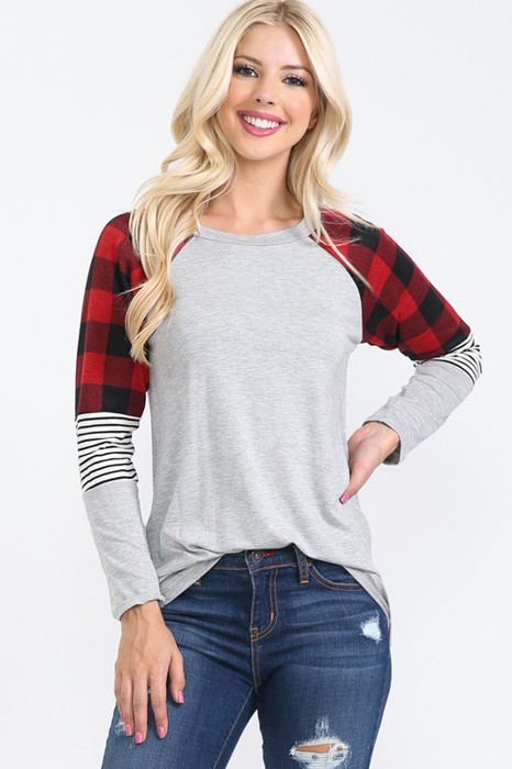 RAGLAN TUNIC WITH PLAID AND STRIPE CONTRAST SLEEVES