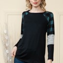 Small BLACK/TEAL RAGLAN TUNIC WITH PLAID AND STRIPE CONTRAST SLEEVES