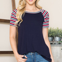 Small NAVY SOLID TUNIC TOP WITH COLORED STRIPE SLEEVES