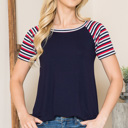 Large NAVY SOLID TUNIC TOP WITH COLORED STRIPE SLEEVES