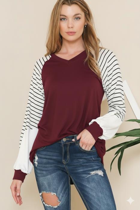 V-NECK BASEBALL TUNIC WITH STRIPE SLEEVES