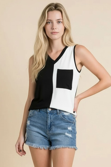 COLOR BLOCK V-NECK SLEEVELESS TOP WITH POCKET