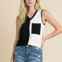 Small WHITE COLOR BLOCK V-NECK SLEEVELESS TOP WITH POCKET