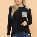 Large BLACK Long Sleeve Top with Shoulder and Pocket Detail