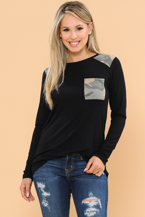 Long Sleeve Top with Shoulder and Pocket Detail