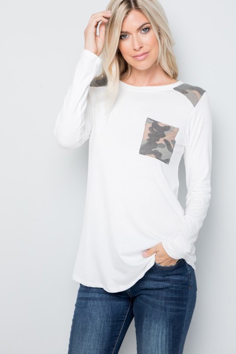 Long Sleeve Top with Shoulder and Pocket Detail