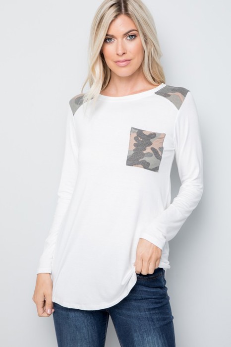 Long Sleeve Top with Shoulder and Pocket Detail