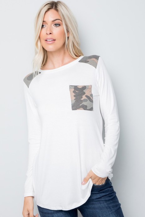 Long Sleeve Top with Shoulder and Pocket Detail