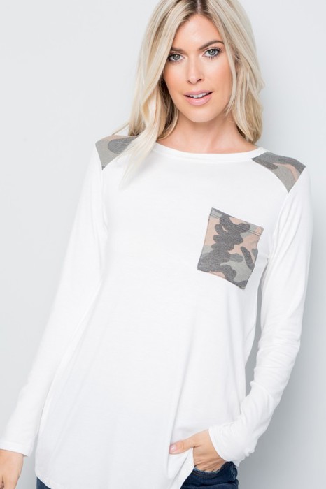 Long Sleeve Top with Shoulder and Pocket Detail