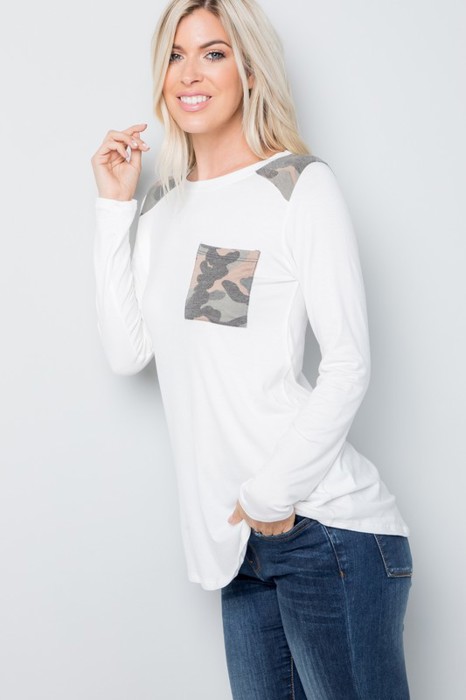 Long Sleeve Top with Shoulder and Pocket Detail