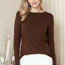 Small BROWN ROUNDED BOTTOM SOLID BASIC LONG SLEEVE TOP