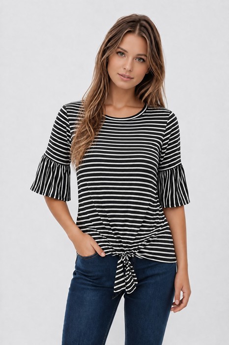 RUFFLE HALF SLEEVE TOP WITH FRONT TIE