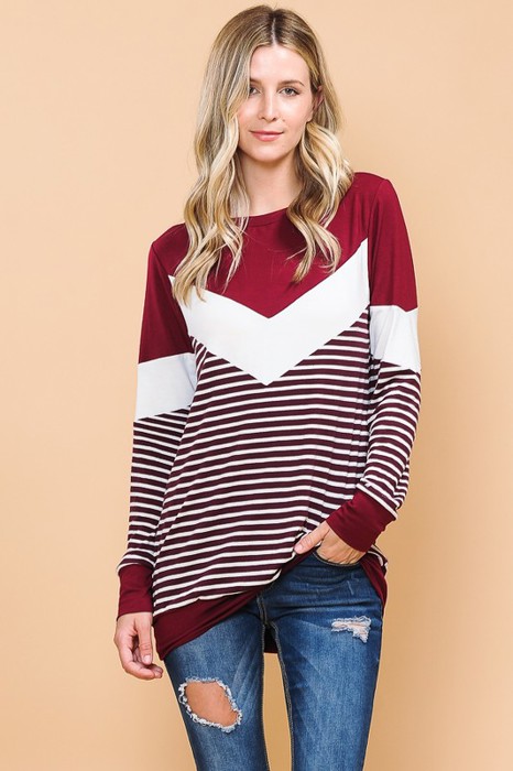 SOLID AND STRIPE COLOR BLOCK TUNIC TOP