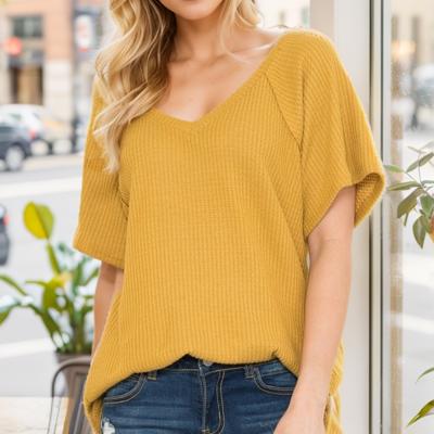V-NECK WAFFLE SHORT SLEEVE TUNIC TOP