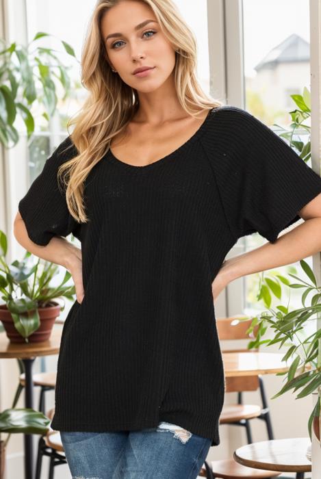 V-NECK WAFFLE SHORT SLEEVE TUNIC TOP