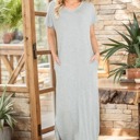 Small GREY SHORT SLEEVE MAXI DRESS WITH SIDE SLIT AND POCKETS