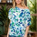 Small BLUE OFF SHOULDER BLOUSON TOP WITH FLOWER PRINT
