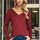 Small BURGUNDY SUPER SOFT V-NECK LONG SLEEVE TOP