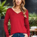 Small BURNT RED SUPER SOFT V-NECK LONG SLEEVE TOP