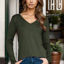 Small OLIVE SUPER SOFT V-NECK LONG SLEEVE TOP