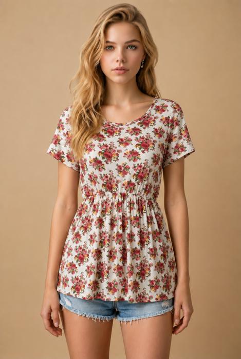 FLORAL SHORT SLEEVE PEPLUM TUNIC TOP