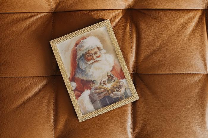 Watercolor Santa Holding a Nativity Art Print | Multiple Sizes