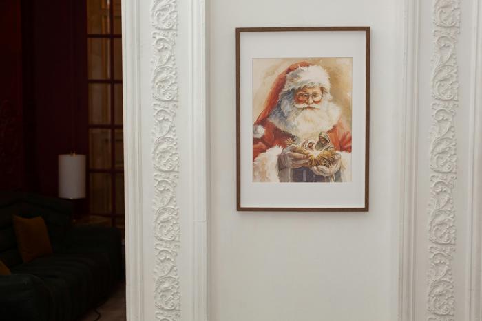 Watercolor Santa Holding a Nativity Art Print | Multiple Sizes