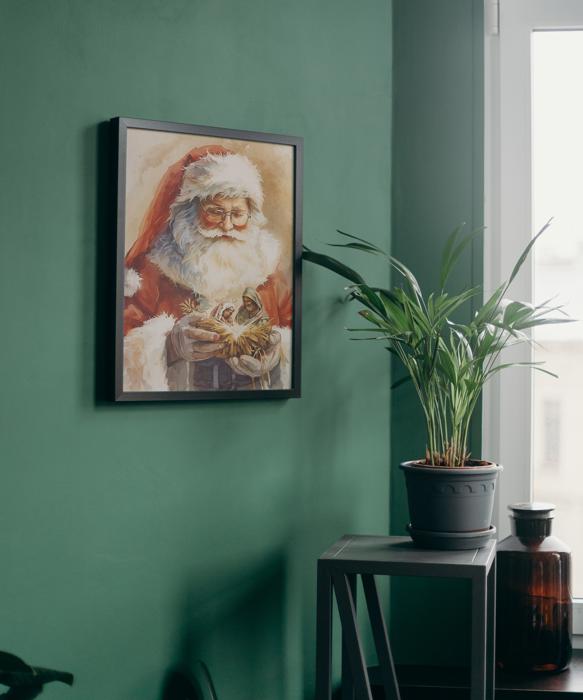 Watercolor Santa Holding a Nativity Art Print | Multiple Sizes