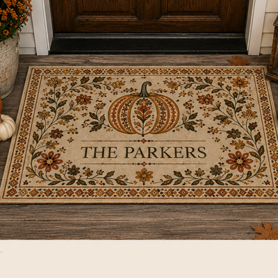 Custom Fall Porch Rug - Custom Family Name Entryway Folk Art Pumpkin Doormat
