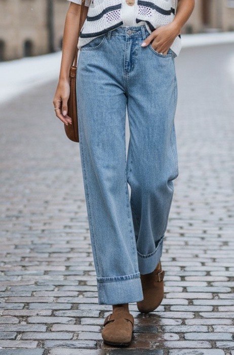 CUFFED WIDE LEG JEANS