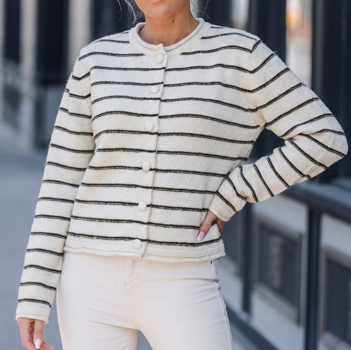 STRIPE BUTTON-FRONT SOFT CARDIGAN