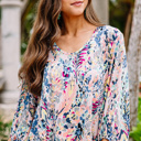 Gray/Bl/Pink Small Botanical Print Blouse| S-XL