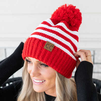 C.C® Chunky Knit Striped Pom Beanie