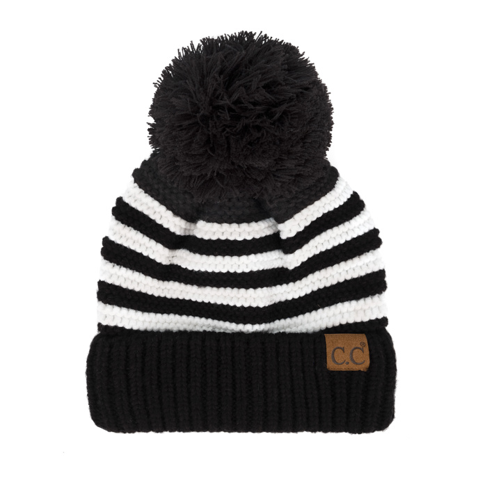 C.C® Chunky Knit Striped Pom Beanie