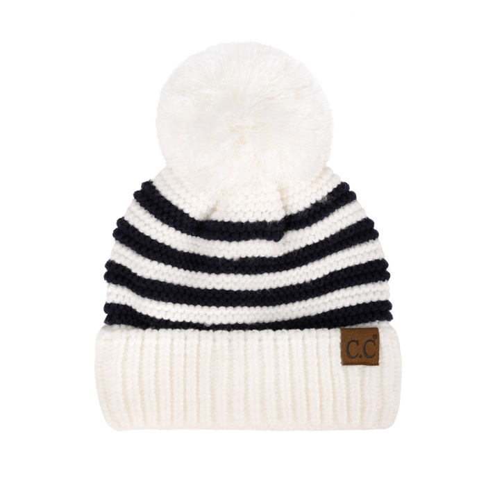 C.C® Chunky Knit Striped Pom Beanie