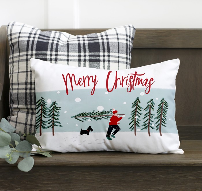 Merry Christmas with Man Carrying Tree- 12x20 inch pillow cover #24