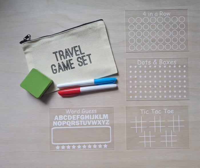 Reusable Travel Game Set for Kids | 4 Game Boards with Dry Erase Markers