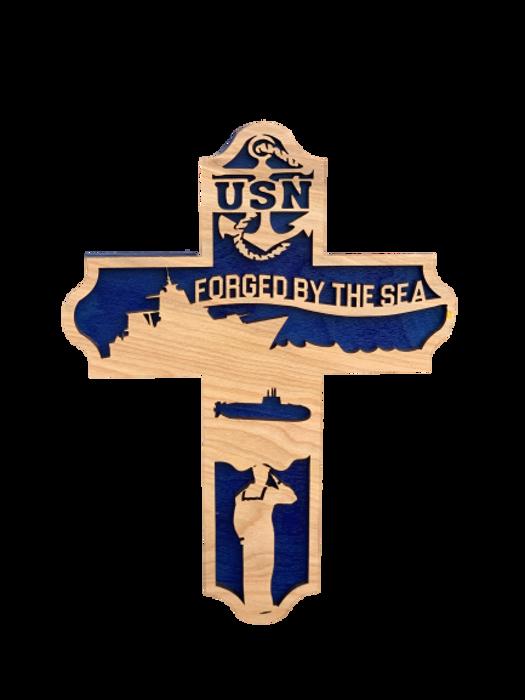 US Navy Wooden Cross | Forged by the Sea Laser Cut Military Wall Decor | Navy Veteran Gift | Sailor Retirement and Deployment Keepsake