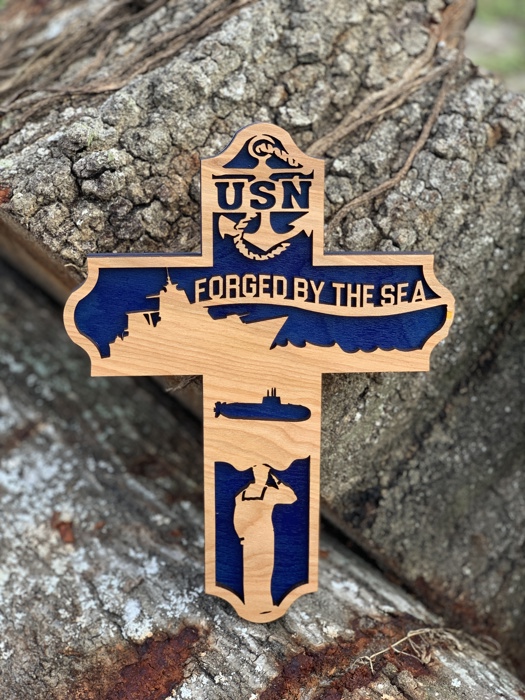US Navy Wooden Cross | Forged by the Sea Laser Cut Military Wall Decor | Navy Veteran Gift | Sailor Retirement and Deployment Keepsake