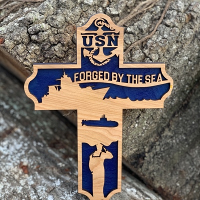 US Navy Wooden Cross | Forged by the Sea Laser Cut Military Wall Decor | Navy Veteran Gift | Sailor Retirement and Deployment Keepsake