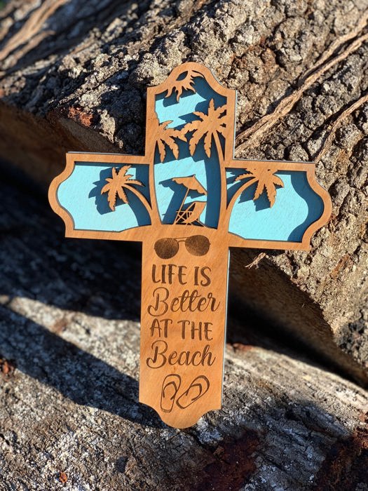 Wooden Beach Cross | Laser Cut Hand Painted Wall Decor | Coastal Home and Beach Wedding Gift | Faith Keepsake